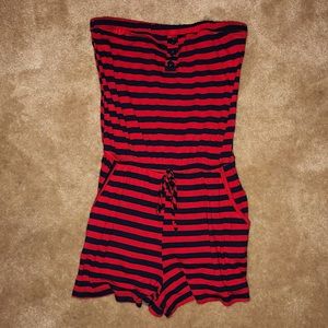 Strapless Red and Blue stripped Romper w/Pockets